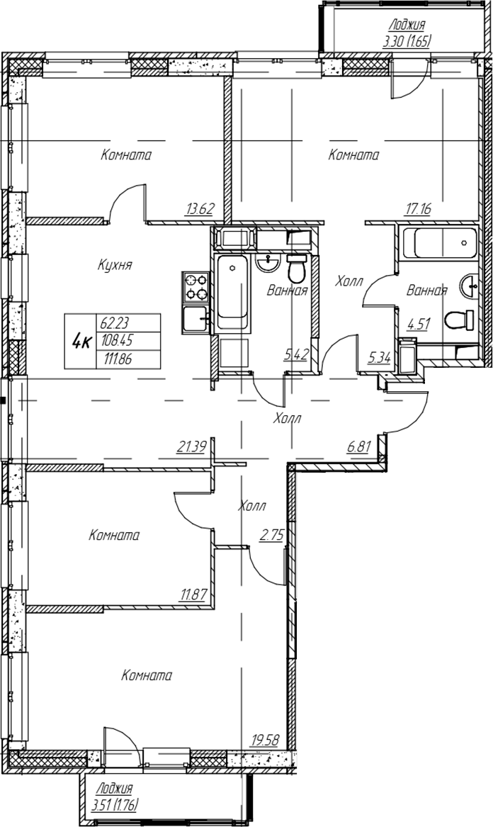 4-комнатная квартира 111.86 м², 16/22 эт., ЖК «Парк-квартал Юнтолово»